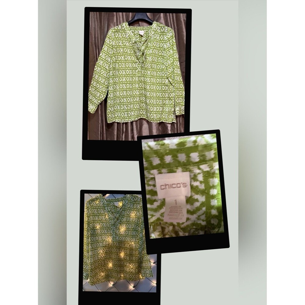 Chico's Lime Green & White Patterned Split-Neck #1913